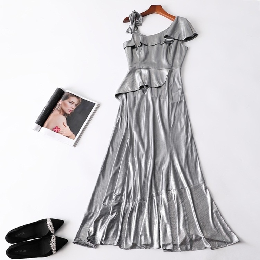 silver colour long dress for evening show